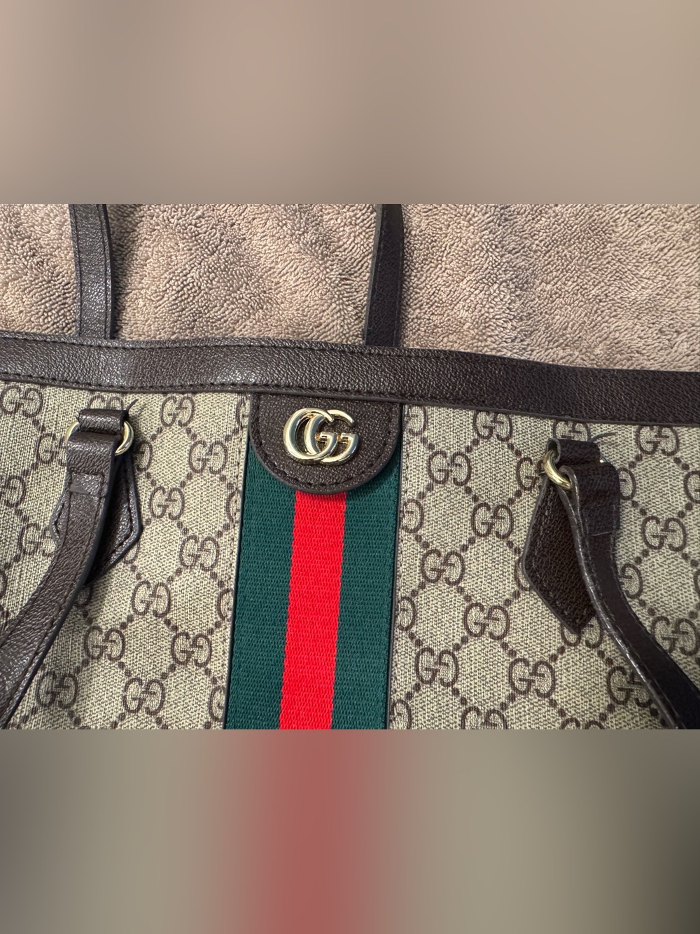 Designer Inspired Beige Supreme Purse (Bag) w/ Green & Red Web Stripe - Signatur - Picture 5 of 10